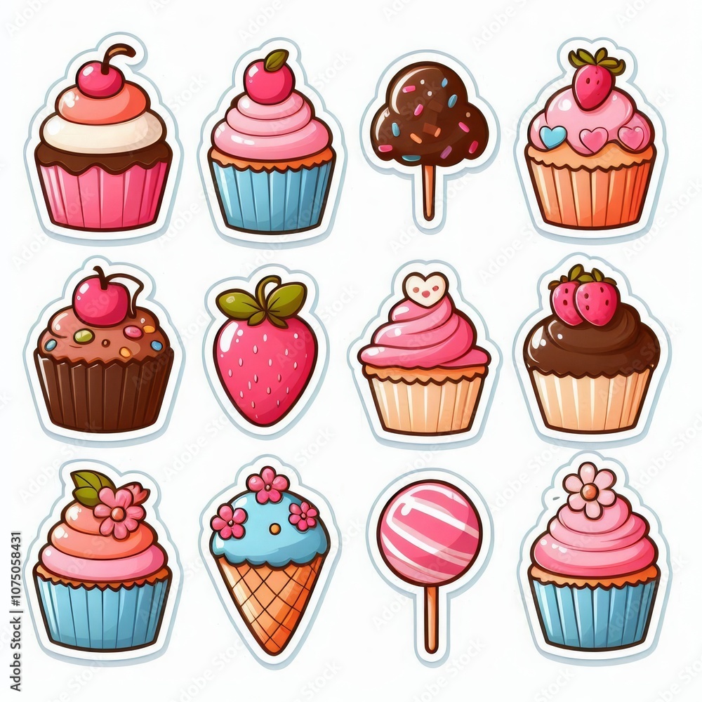 Cupcakes clip art stickers on white isolated background Cupcakes clip art stickers on white isolated background