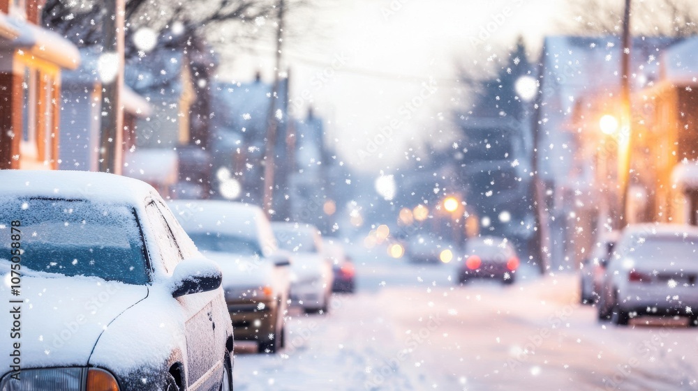 A serene winter street scene with falling snow and cozy homes. A serene winter street scene with falling snow and cozy homes.