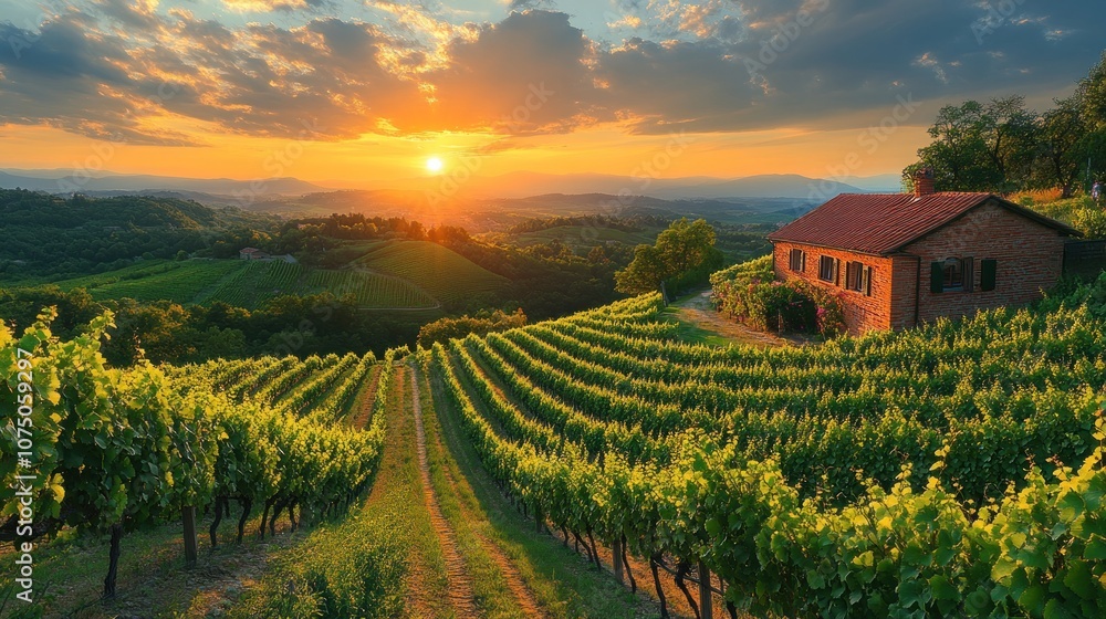 Fototapeta premium Serene vineyard landscape at sunset with a rustic house.