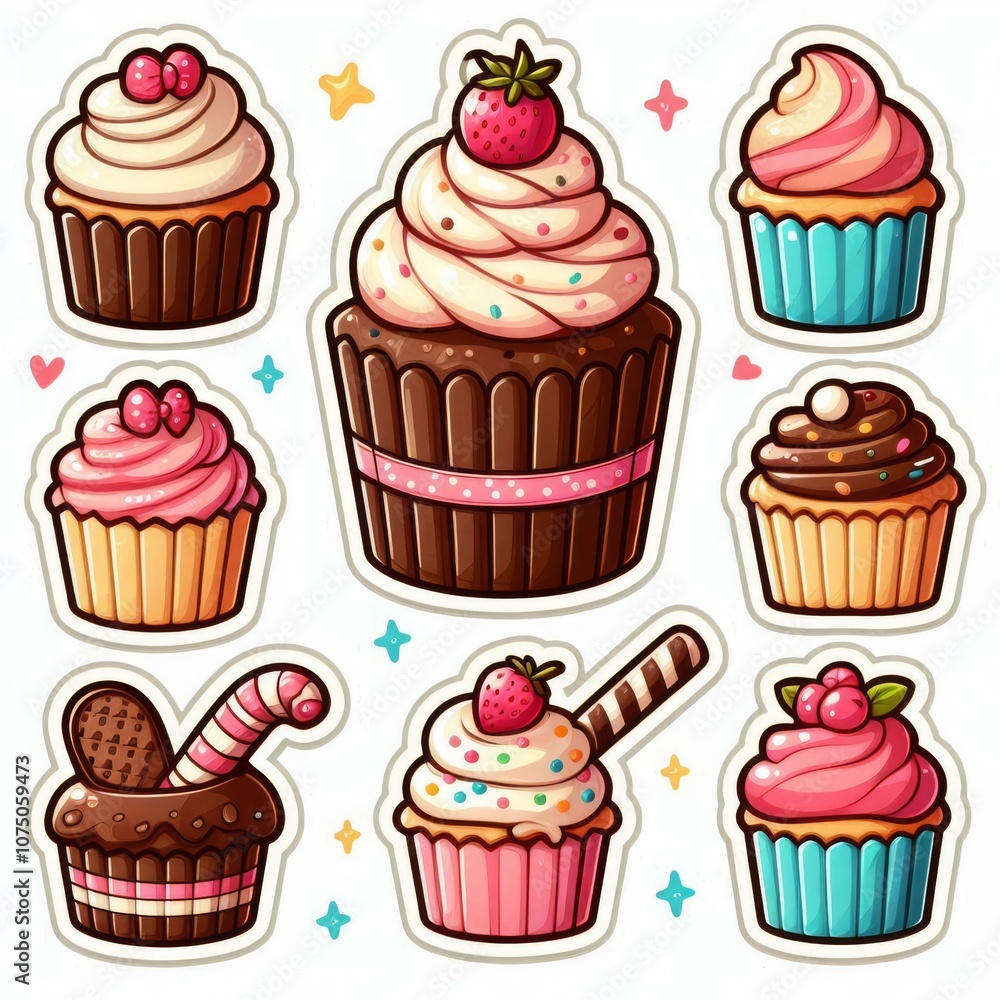 Cupcakes clip art stickers on white isolated background Cupcakes clip art stickers on white isolated background