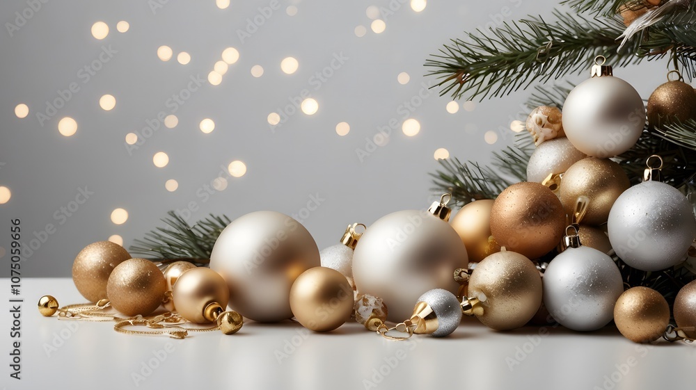 Christmas white background with Christmas tree balls and ornaments Christmas white background with Christmas tree balls and ornaments