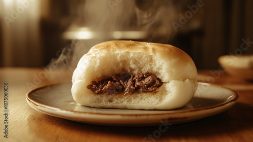 Meat bun with a bite revealing the filling photo