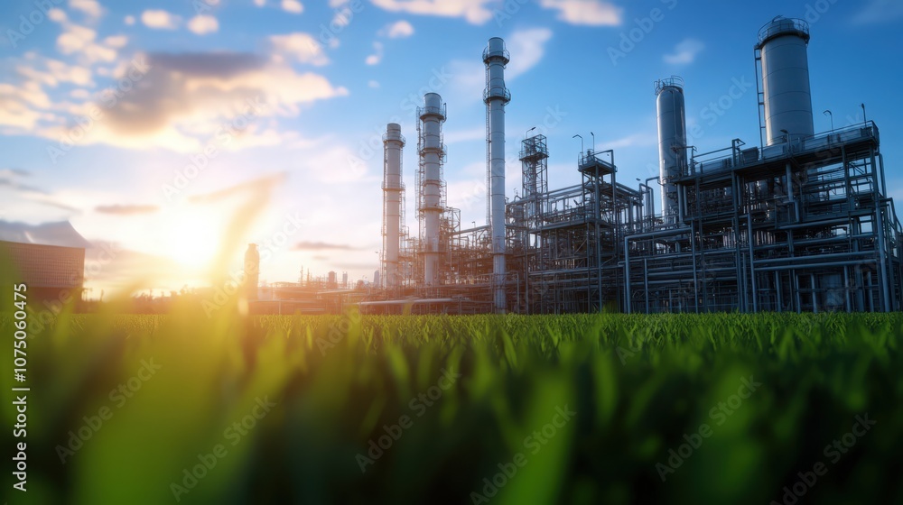 Obraz premium A large industrial plant with a large green field in the background