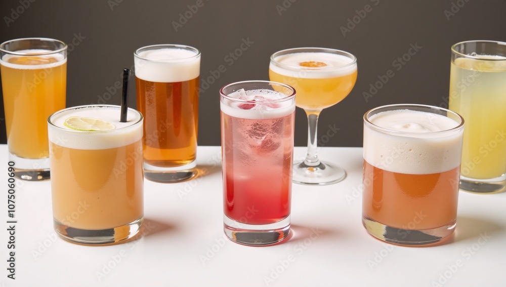 Drinks and cocktails showcased against a clean white backdrop Drinks and cocktails showcased against a clean white backdrop