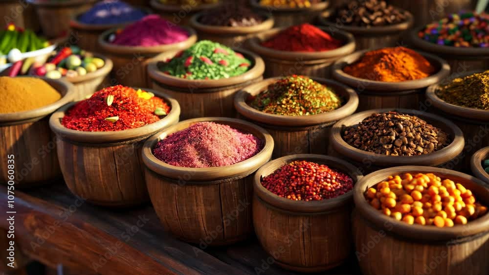 A variety of spices are displayed in wooden bowls A variety of spices are displayed in wooden bowls