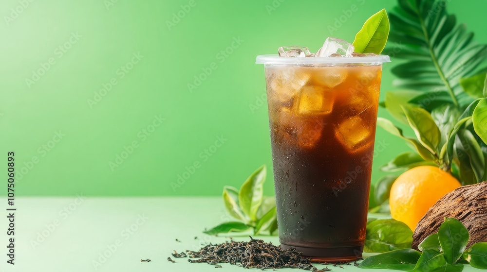 A cup of black tea in a tall, transparent plastic cup, filled with ice cubes, with natural elements like leaves and fruits in the background, creating a refreshing, nature-inspired scene A cup of black tea in a tall, transparent plastic cup, filled with ice cubes, with natural elements like leaves and fruits in the background, creating a refreshing, nature-inspired scene