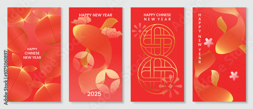 Chinese New Year 2025 greeting card background vector. Luxury poster design with koi fish, orange, cloud, pattern, line art. Elegant oriental illustration for cover, red envelope, calendar.