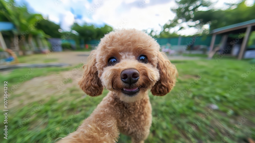 A cute poodle is smiling and looking at the camera A cute poodle is smiling and looking at the camera