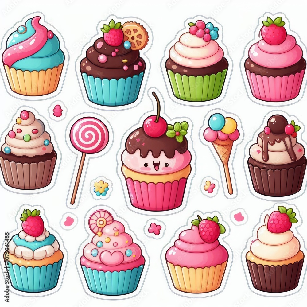 Cupcakes clip art stickers on white isolated background Cupcakes clip art stickers on white isolated background