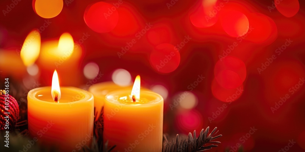 Burning Christmas Candles in Holiday Decoration Burning Christmas Candles in Holiday Decoration