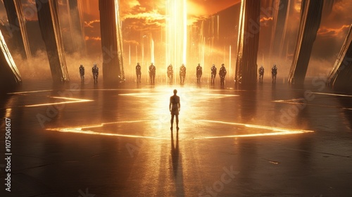 Lone Figure Facing Illuminated Council in Futuristic Golden Chamber