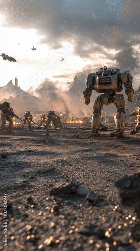 Futuristic Battlefield with Mechs and Soldiers in Explosive Combat