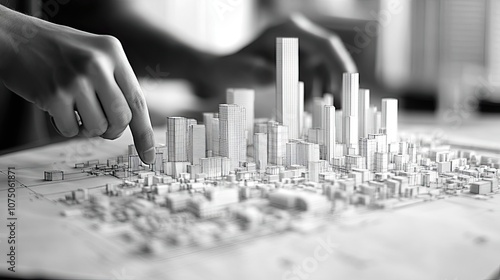 Fototapeta Naklejka Na Ścianę i Meble -  A Hand Interacting with a Model of a City Skyline