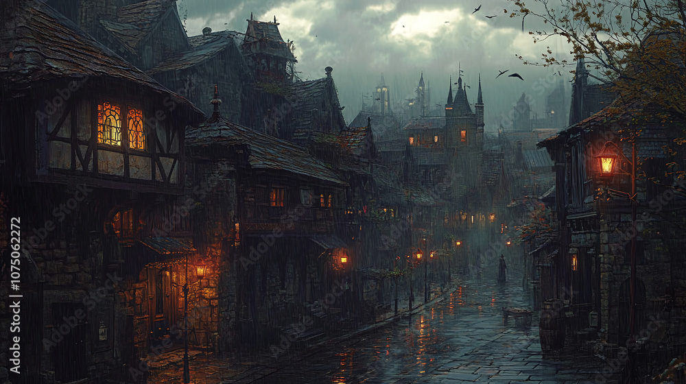 Fototapeta premium An ancient cityscape at dusk, illuminated by early forms of street lighting using oil lamps