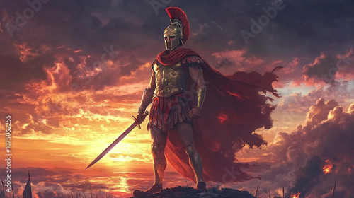 An ancient Greek hero standing triumphantly on a battlefield, sword raised, with a dramatic sunset behind him