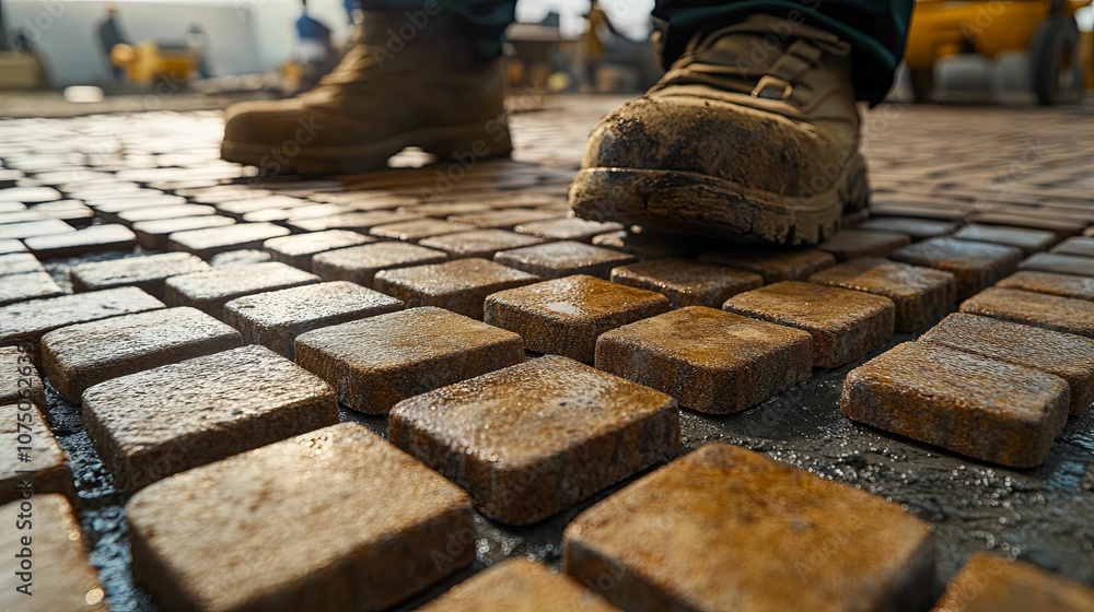 Mud-Covered Boot Stepping on Newly Laid Brick Pavers Mud-Covered Boot Stepping on Newly Laid Brick Pavers