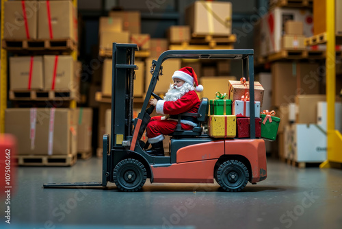 A toy santa claus driving a forklift truck in a warehouse filled with boxes