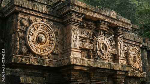 .An ancient stone structure adorned with intricate carvings depicting early mechanical devices and inventions