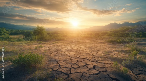 The landscape showcases parched earth with cracks, wilted vegetation, and a blazing sun casting warm light across the dry terrain. Generative AI