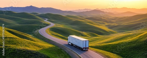 A truck navigates a winding road through lush green hills.
