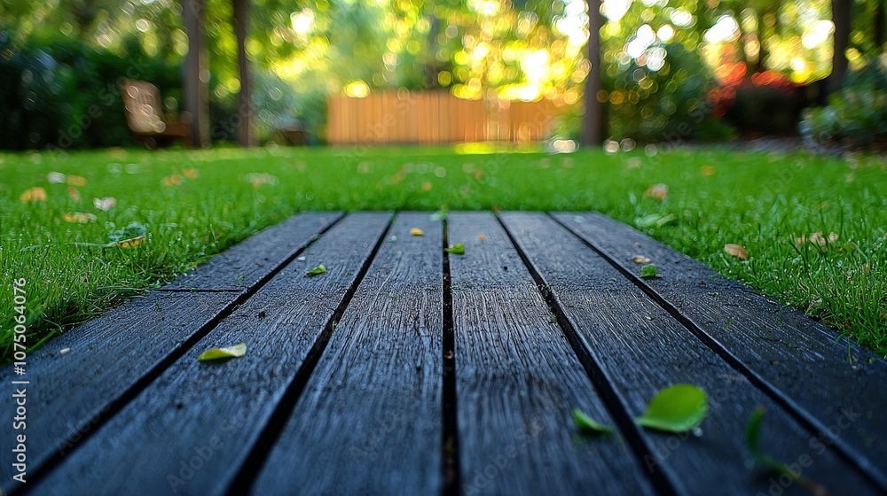 Fototapeta premium A serene garden path leads through lush greenery, inviting relaxation and connection with nature.