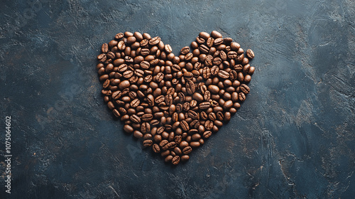 .An artistic arrangement of coffee beans forming a heart shape on a dark background, symbolizing love for coffee.