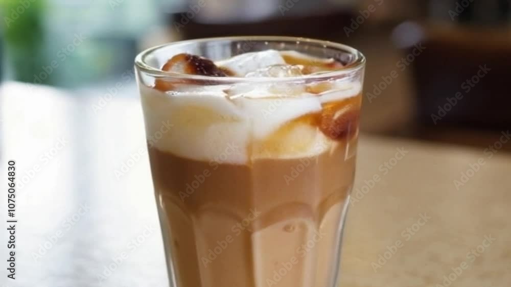A close-up of an iced cappuccino in a clear glass with frothy milk foam, chilled espresso, and floating ice cubes on a sunlit coffee shop counter. A close-up of an iced cappuccino in a clear glass with frothy milk foam, chilled espresso, and floating ice cubes on a sunlit coffee shop counter.