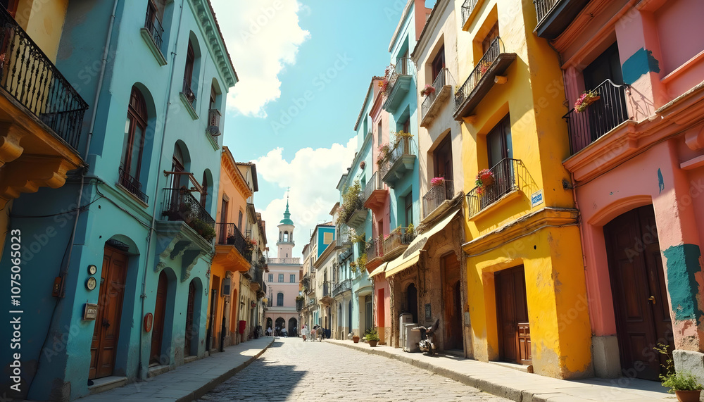Colorful buildings line cobblestone street in vibrant city, showcasing mix of architectural styles and bright hues. scene evokes lively atmosphere Colorful buildings line cobblestone street in vibrant city, showcasing mix of architectural styles and bright hues. scene evokes lively atmosphere