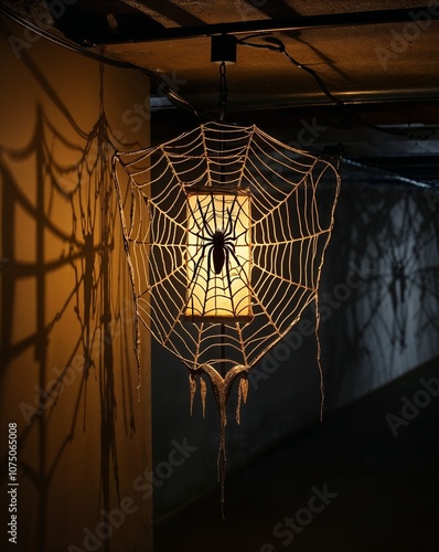 Spider web lantern casting eerie shadows in a dark basement photo