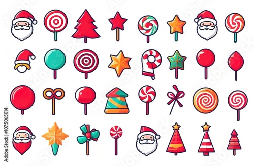 A set of funny Santa Claus stickers and Christmas lollipops separately. Badges, stickers. A collection of the cutest and most colorful stickers adorns albums, notebooks, diaries, drawings, postcards.