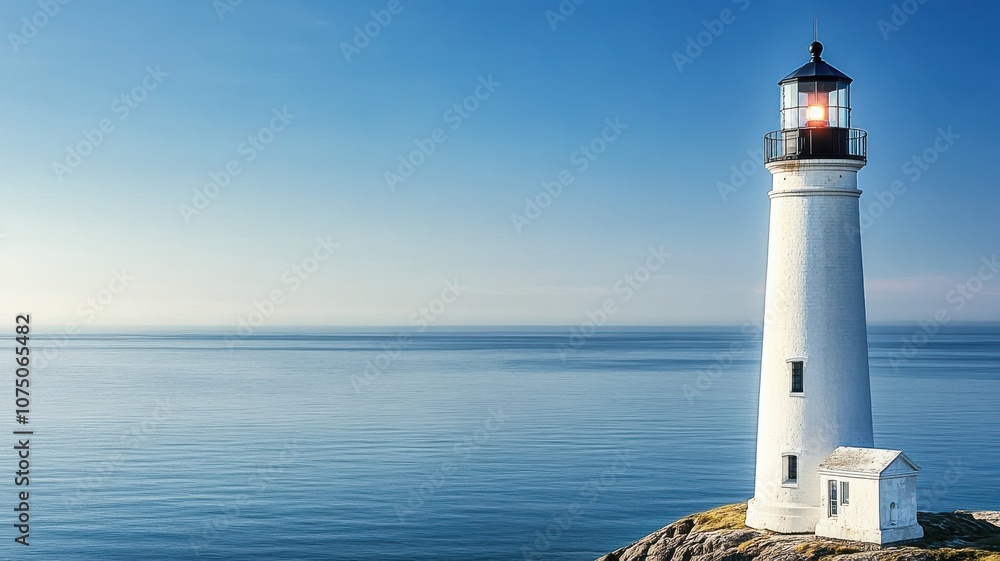 A serene lighthouse standing by the calm sea under a clear sky. A serene lighthouse standing by the calm sea under a clear sky.