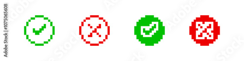 Pixel style checkmark and cross icons. Retro-inspired approval and rejection symbols