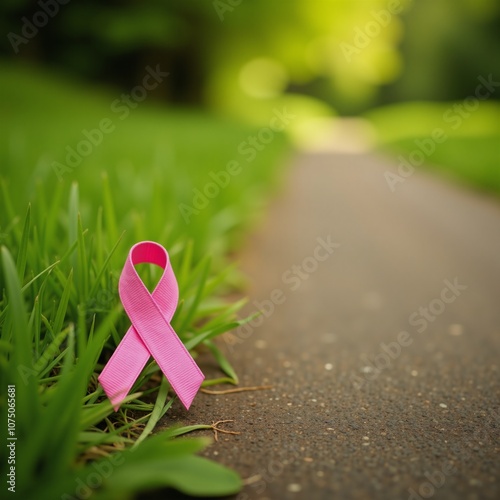 Pink ribbon adorns peaceful path signifying support for breast cancer survivors photo