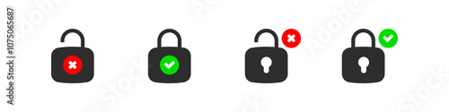 Padlock with checkmark and cross icons. Open and closed padlocks indicating secure and unsecure
