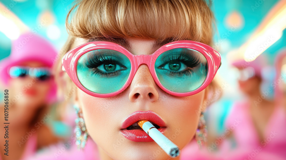 Naklejka premium A fashionable woman with pink glasses and glamorous makeup smokes a cigarette, exuding confidence and style in a vibrant, modern artistic setting.