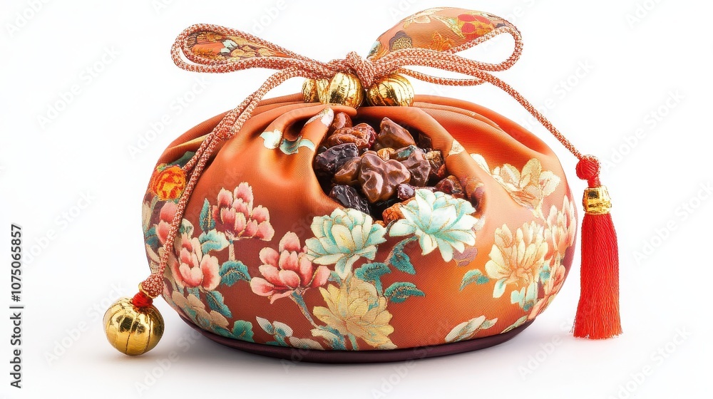 A beautifully crafted decorative pouch showcasing intricate floral patterns. A beautifully crafted decorative pouch showcasing intricate floral patterns.