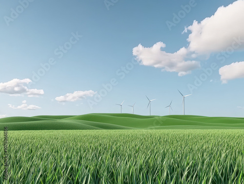 Green field with clean wind turbines in distance, blending harmoniously with blue sky and fluffy clouds, creating serene and eco friendly landscape