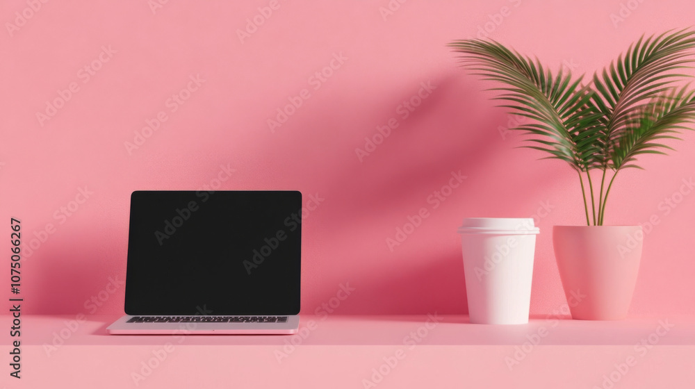 Fototapeta premium Efficient Minimalist Office Workspace with Laptop and Coffee Cup
