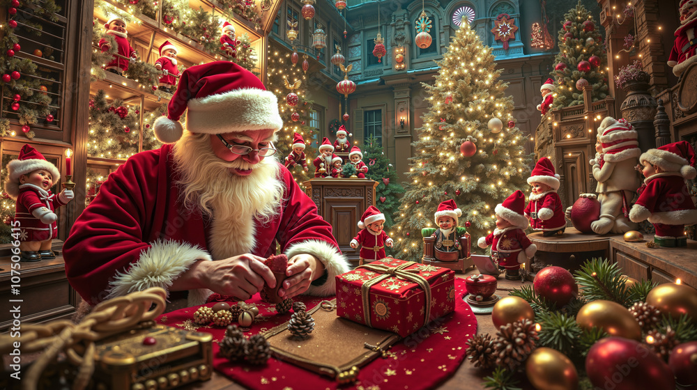 A man in a santa claus outfit sitting at a table with presents A man in a santa claus outfit sitting at a table with presents
