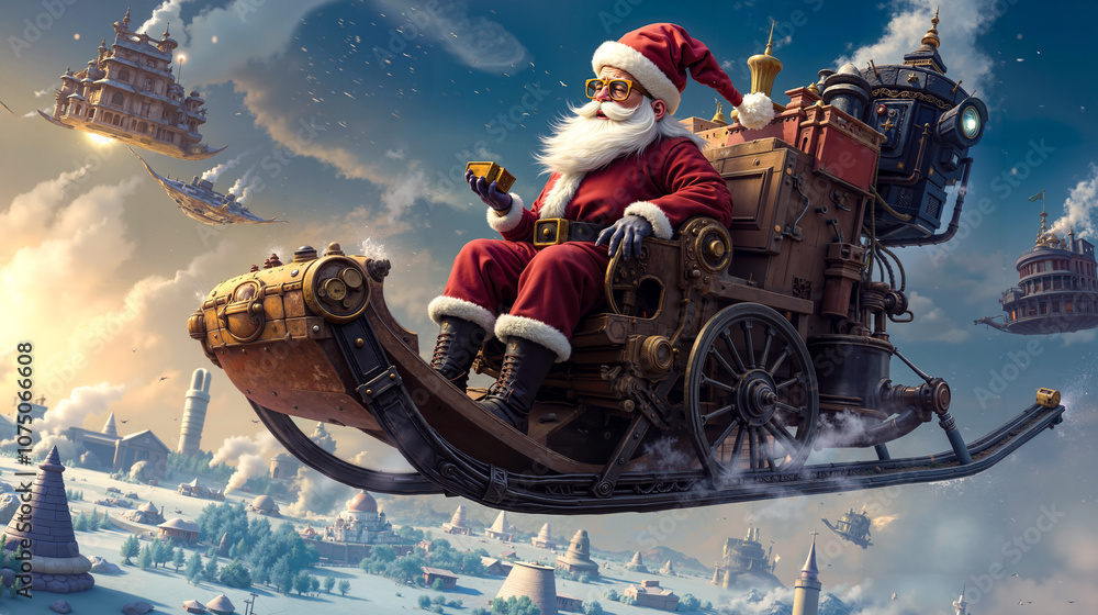 Naklejka premium A santa claus sitting on top of a sleigh in the sky