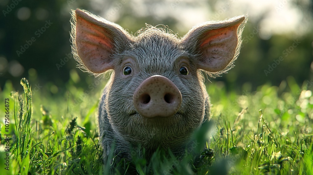 Angry and surprised pig, Behind green grass Angry and surprised pig, Behind green grass