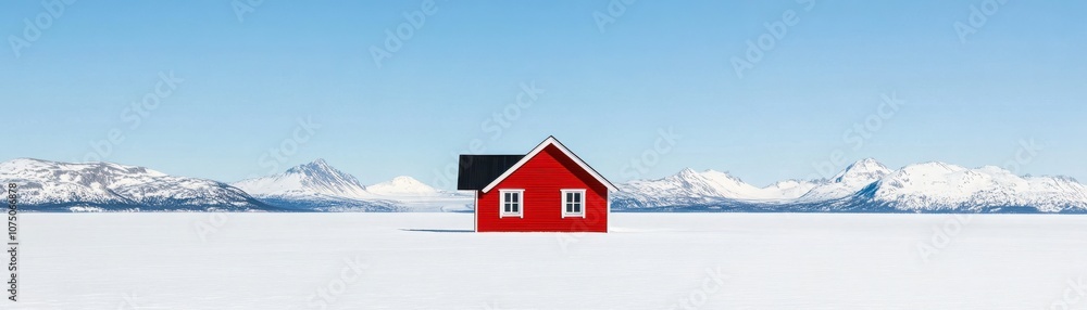 A vibrant red house stands alone against a snowy mountain backdrop. A vibrant red house stands alone against a snowy mountain backdrop.