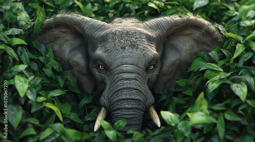 Fototapeta premium Angry and surprised elephant, Behind green grass