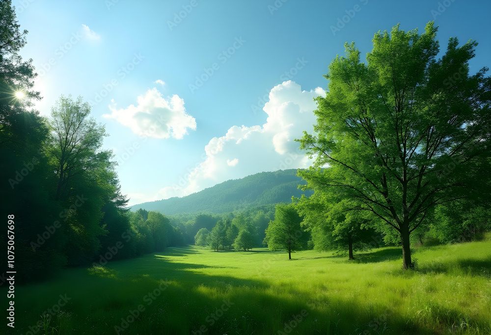 serene landscape featuring lush green trees and vibrant meadow under clear blue sky. sunlight filters through foliage, creating peaceful atmosphere serene landscape featuring lush green trees and vibrant meadow under clear blue sky. sunlight filters through foliage, creating peaceful atmosphere