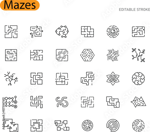Maze Icons Set, Editable Stroke, Puzzle Game