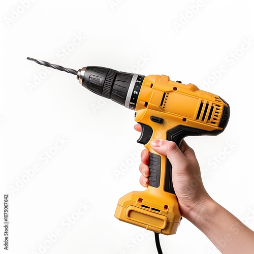 A person is holding a yellow power drill with his right hand. Only a light-skinned male hand with the tool is visible on a white background photo