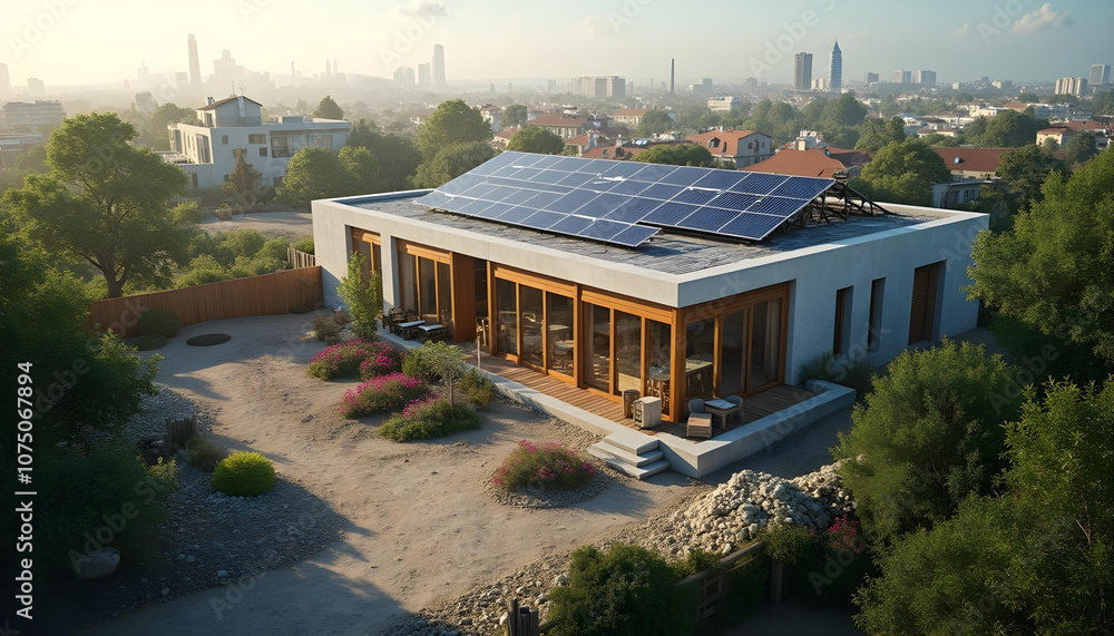 Obraz premium Modern house with solar panels surrounded by greenery and city skyline