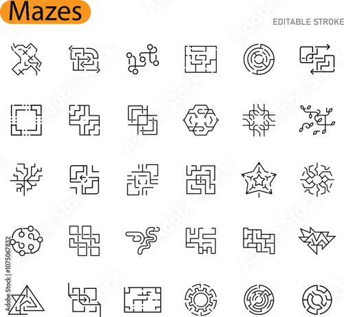 Maze Icons Line Art, Editable, Puzzle, Game