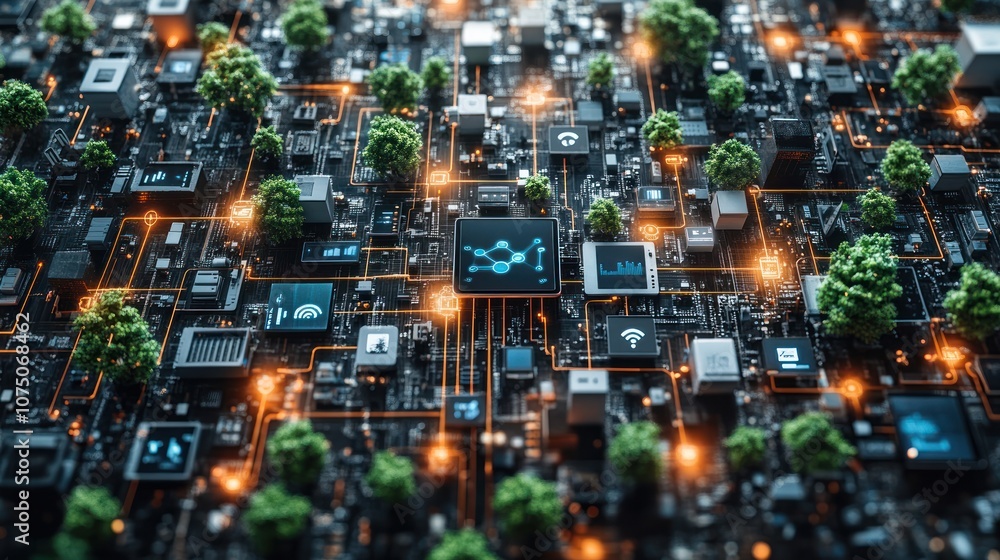 Obraz premium A digital landscape blending technology with nature elements.