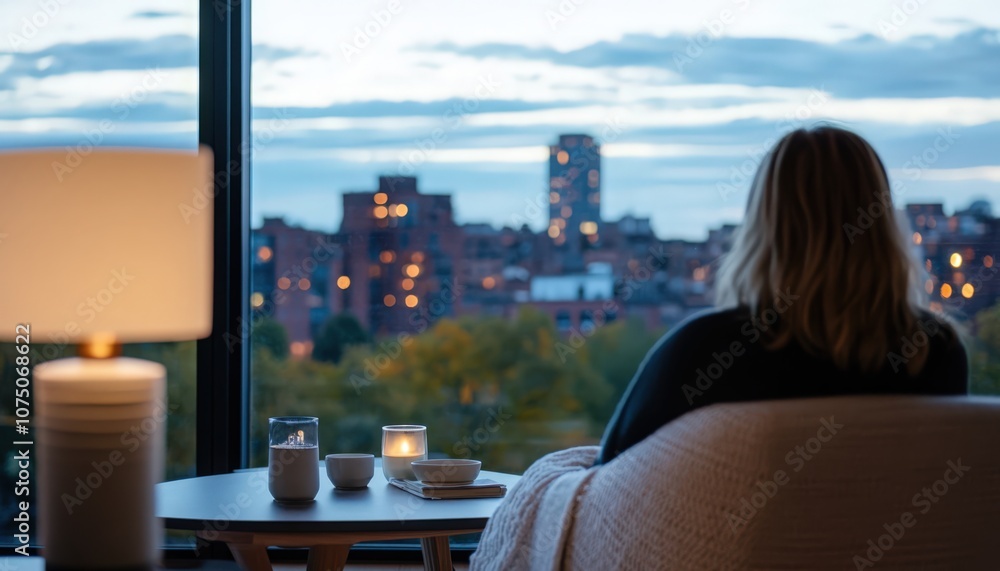 Fototapeta premium A woman is sitting in a chair in front of a window with a view of a city